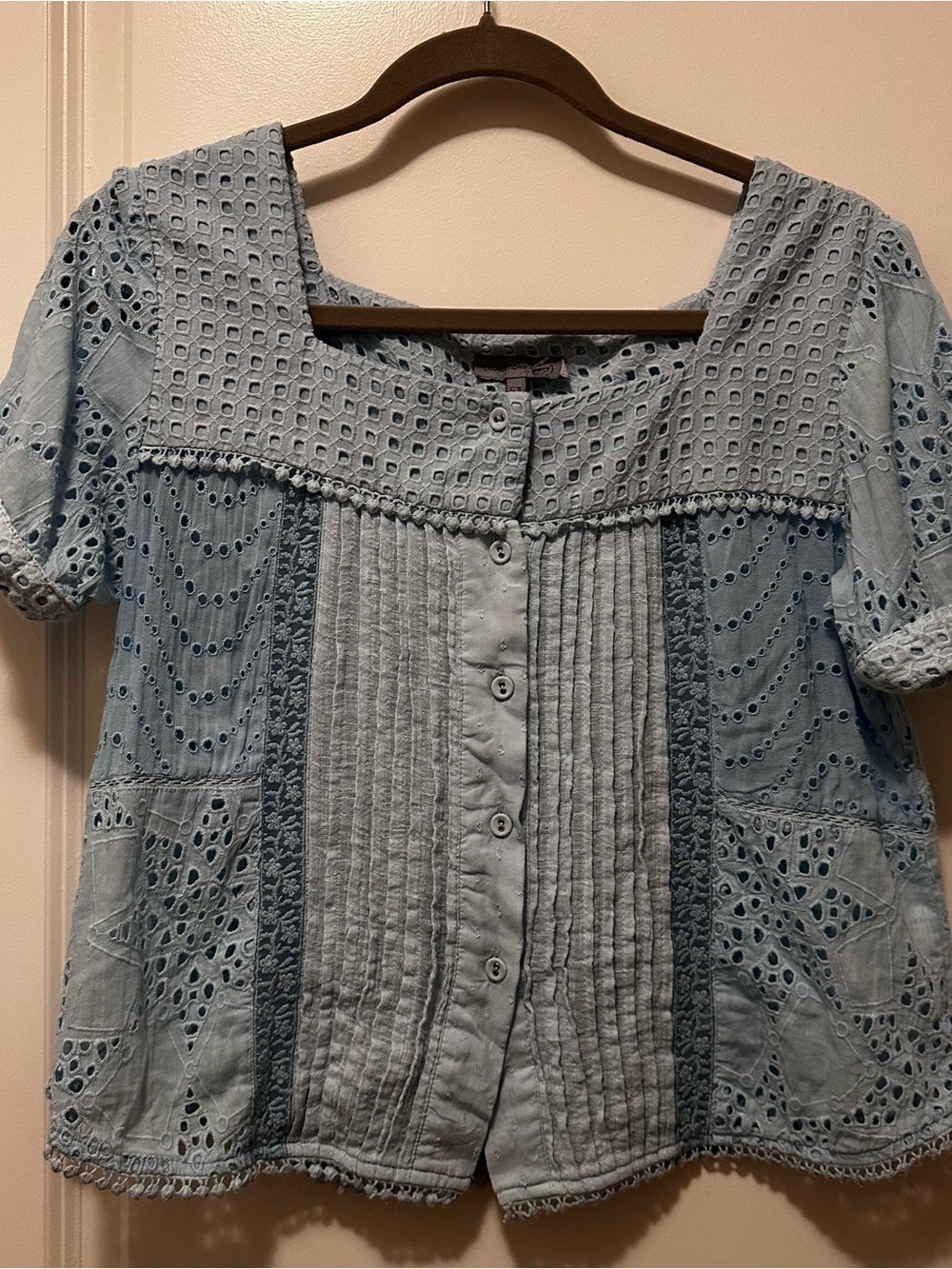 Anthropologie Conditions Apply Light Blue Eyelet Pintuck Button-Down Top
